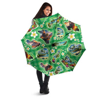 Hawaii Map with Plumeria Flower and Palaka Pattern Umbrella Tropical Island Green Design