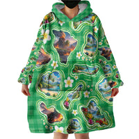 Hawaii Map with Plumeria Flower and Palaka Pattern Wearable Blanket Hoodie Tropical Island Green Design