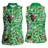 Hawaii Map with Plumeria Flower and Palaka Pattern Women Sleeveless Polo Shirt Tropical Island Green Design
