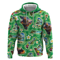 Hawaii Map with Plumeria Flower and Palaka Pattern Zip Hoodie Tropical Island Green Design