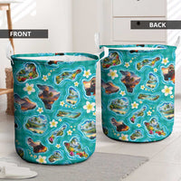 Hawaii Map with Plumeria Flower and Palaka Pattern Laundry Basket Tropical Island Teal Design