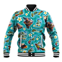 Hawaii Map with Plumeria Flower and Palaka Pattern Baseball Jacket Tropical Island Teal Design