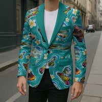 Hawaii Map with Plumeria Flower and Palaka Pattern Blazer Tropical Island Teal Design