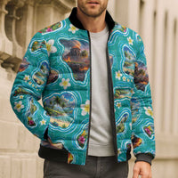 Hawaii Map with Plumeria Flower and Palaka Pattern Bomber Puffer Jacket Tropical Island Teal Design