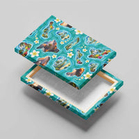 Hawaii Map with Plumeria Flower and Palaka Pattern Canvas Wall Art Tropical Island Teal Design