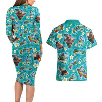 Hawaii Map with Plumeria Flower and Palaka Pattern Couples Matching Long Sleeve Bodycon Dress and Hawaiian Shirt Tropical Island Teal Design LT03 - Polynesian Pride