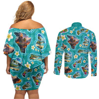 Hawaii Map with Plumeria Flower and Palaka Pattern Couples Matching Off Shoulder Short Dress and Long Sleeve Button Shirt Tropical Island Teal Design