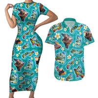 Hawaii Map with Plumeria Flower and Palaka Pattern Couples Matching Short Sleeve Bodycon Dress and Hawaiian Shirt Tropical Island Teal Design LT03 Teal - Polynesian Pride