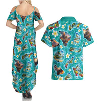 Hawaii Map with Plumeria Flower and Palaka Pattern Couples Matching Summer Maxi Dress and Hawaiian Shirt Tropical Island Teal Design