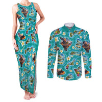 Hawaii Map with Plumeria Flower and Palaka Pattern Couples Matching Tank Maxi Dress and Long Sleeve Button Shirt Tropical Island Teal Design