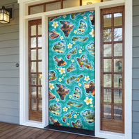 Hawaii Map with Plumeria Flower and Palaka Pattern Door Cover Tropical Island Teal Design