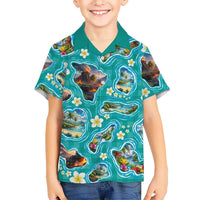Hawaii Map with Plumeria Flower and Palaka Pattern Family Matching Long Sleeve Bodycon Dress and Hawaiian Shirt Tropical Island Teal Design LT03 Son's Shirt Teal - Polynesian Pride