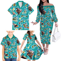 Hawaii Map with Plumeria Flower and Palaka Pattern Family Matching Off The Shoulder Long Sleeve Dress and Hawaiian Shirt Tropical Island Teal Design LT03 - Polynesian Pride
