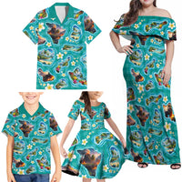 Hawaii Map with Plumeria Flower and Palaka Pattern Family Matching Off Shoulder Maxi Dress and Hawaiian Shirt Tropical Island Teal Design LT03 - Polynesian Pride