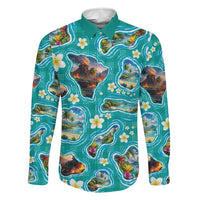Hawaii Map with Plumeria Flower and Palaka Pattern Family Matching Off Shoulder Maxi Dress and Hawaiian Shirt Tropical Island Teal Design LT03 Dad's Shirt - Long Sleeve Teal - Polynesian Pride