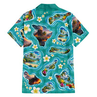 Hawaii Map with Plumeria Flower and Palaka Pattern Family Matching Short Sleeve Bodycon Dress and Hawaiian Shirt Tropical Island Teal Design LT03 - Polynesian Pride
