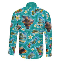 Hawaii Map with Plumeria Flower and Palaka Pattern Family Matching Short Sleeve Bodycon Dress and Hawaiian Shirt Tropical Island Teal Design LT03 - Polynesian Pride