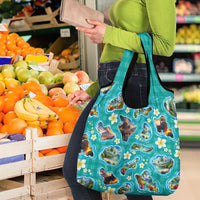 Hawaii Map with Plumeria Flower and Palaka Pattern Grocery Bag Tropical Island Teal Design