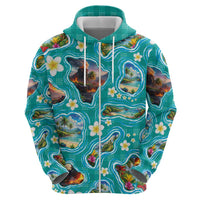 Hawaii Map with Plumeria Flower and Palaka Pattern Hoodie Tropical Island Teal Design