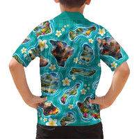 Hawaii Map with Plumeria Flower and Palaka Pattern Kid Hawaiian Shirt Tropical Island Teal Design