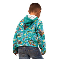 Hawaii Map with Plumeria Flower and Palaka Pattern Kid Hoodie Tropical Island Teal Design