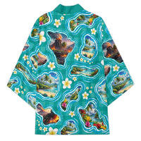 Hawaii Map with Plumeria Flower and Palaka Pattern Kimono Tropical Island Teal Design