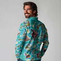 Hawaii Map with Plumeria Flower and Palaka Pattern Long Sleeve Polo Shirt Tropical Island Teal Design
