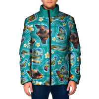 Hawaii Map with Plumeria Flower and Palaka Pattern Padded Jacket Tropical Island Teal Design