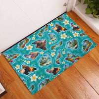 Hawaii Map with Plumeria Flower and Palaka Pattern Rubber Doormat Tropical Island Teal Design