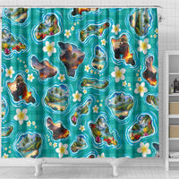 Hawaii Map with Plumeria Flower and Palaka Pattern Shower Curtain Tropical Island Teal Design