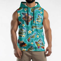 Hawaii Map with Plumeria Flower and Palaka Pattern Sleeveless Hoodie Tropical Island Teal Design
