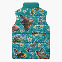 Hawaii Map with Plumeria Flower and Palaka Pattern Sleeveless Puffer Jacket Tropical Island Teal Design