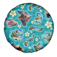 Hawaii Map with Plumeria Flower and Palaka Pattern Spare Tire Cover Tropical Island Teal Design
