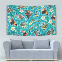 Hawaii Map with Plumeria Flower and Palaka Pattern Tapestry Tropical Island Teal Design