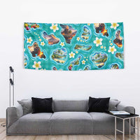 Hawaii Map with Plumeria Flower and Palaka Pattern Tapestry Tropical Island Teal Design