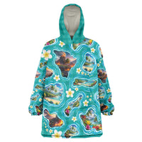Hawaii Map with Plumeria Flower and Palaka Pattern Wearable Blanket Hoodie Tropical Island Teal Design