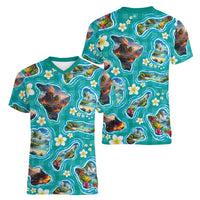 Hawaii Map with Plumeria Flower and Palaka Pattern Women V-Neck T-Shirt Tropical Island Teal Design