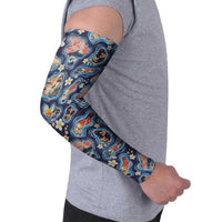 Hawaii Islands Map Design with Japanese Landscape Arm Sleeves Hawaiian Japan Fusion Art Navy Color