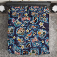 Hawaii Islands Map Design with Japanese Landscape Bedding Set Hawaiian Japan Fusion Art Navy Color