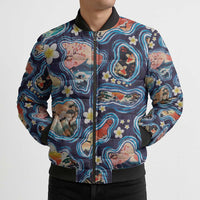 Hawaii Islands Map Design with Japanese Landscape Bomber Puffer Jacket Hawaiian Japan Fusion Art Navy Color
