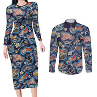 Hawaii Islands Map Design with Japanese Landscape Couples Matching Long Sleeve Bodycon Dress and Long Sleeve Button Shirt Hawaiian Japan Fusion Art Navy Color LT03 Navy - Polynesian Pride