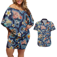 Hawaii Islands Map Design with Japanese Landscape Couples Matching Off Shoulder Short Dress and Hawaiian Shirt Hawaiian Japan Fusion Art Navy Color LT03 Navy - Polynesian Pride