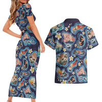 Hawaii Islands Map Design with Japanese Landscape Couples Matching Short Sleeve Bodycon Dress and Hawaiian Shirt Hawaiian Japan Fusion Art Navy Color LT03 - Polynesian Pride