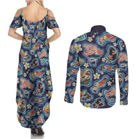 Hawaii Islands Map Design with Japanese Landscape Couples Matching Summer Maxi Dress and Long Sleeve Button Shirt Hawaiian Japan Fusion Art Navy Color LT03 - Polynesian Pride