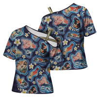Hawaii Islands Map Design with Japanese Landscape Cross Shoulder Shirt Hawaiian Japan Fusion Art Navy Color