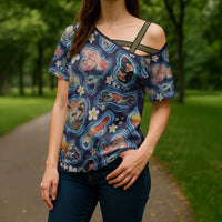 Hawaii Islands Map Design with Japanese Landscape Cross Shoulder Shirt Hawaiian Japan Fusion Art Navy Color