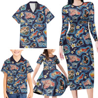 Hawaii Islands Map Design with Japanese Landscape Family Matching Long Sleeve Bodycon Dress and Hawaiian Shirt Hawaiian Japan Fusion Art Navy Color LT03 - Polynesian Pride