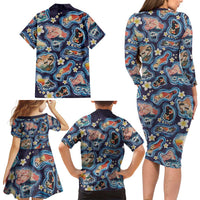 Hawaii Islands Map Design with Japanese Landscape Family Matching Long Sleeve Bodycon Dress and Hawaiian Shirt Hawaiian Japan Fusion Art Navy Color LT03 - Polynesian Pride