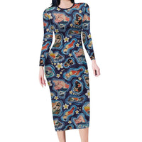 Hawaii Islands Map Design with Japanese Landscape Family Matching Long Sleeve Bodycon Dress and Hawaiian Shirt Hawaiian Japan Fusion Art Navy Color LT03 Mom's Dress Navy - Polynesian Pride