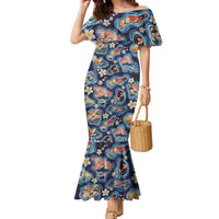 Hawaii Islands Map Design with Japanese Landscape Family Matching Mermaid Dress and Hawaiian Shirt Hawaiian Japan Fusion Art Navy Color LT03 Mom's Dress Navy - Polynesian Pride